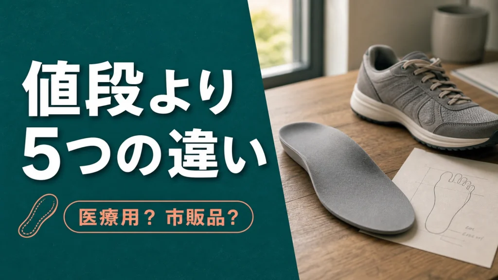 値段より5つの違いという見出しと、無地のインソール、靴、足型メモを組み合わせた扁平足インソール比較のアイキャッチ