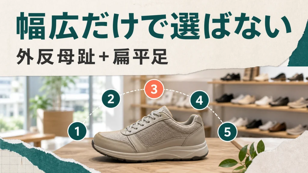 靴売り場で、5つの確認番号に囲まれた無地のウォーキングシューズ