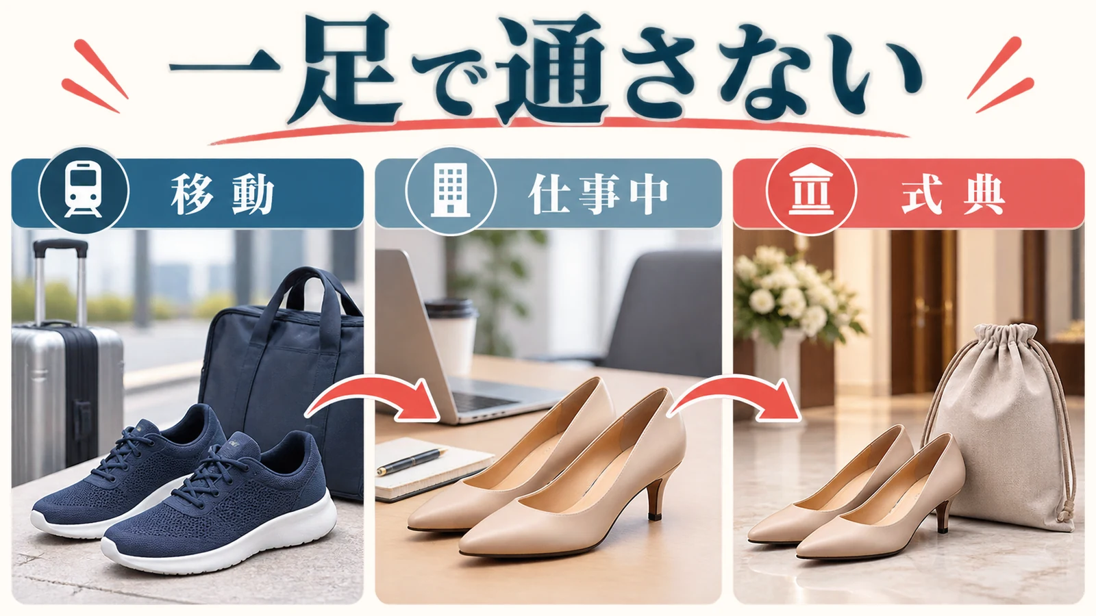 移動・仕事中・式典で靴を分けて一足で通さない代替案の図