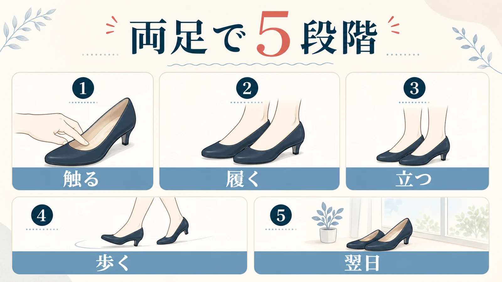 パンプスを触る・履く・立つ・歩く・翌日の5段階で確認する図