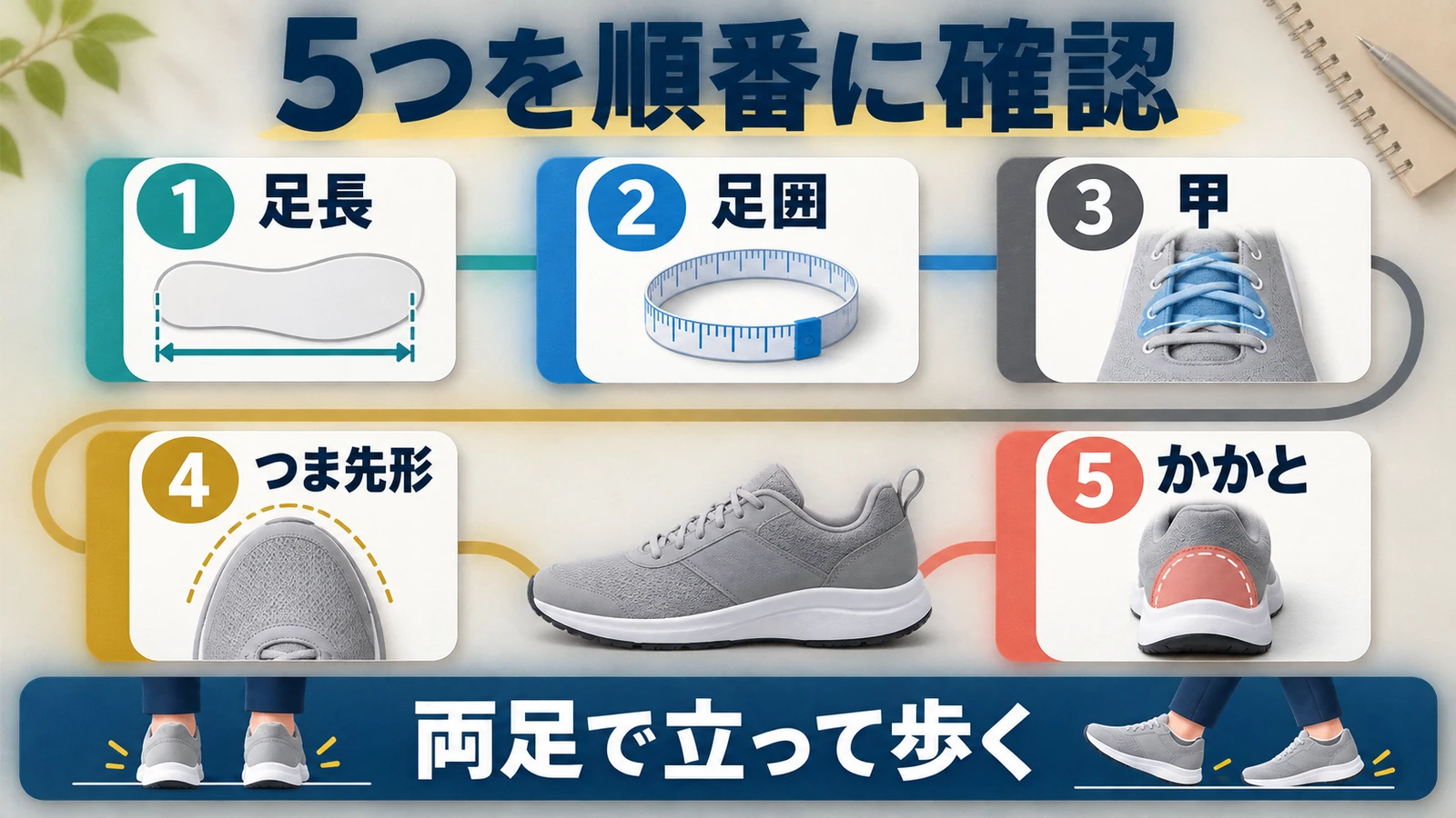 足長・足囲・甲・つま先形・かかとの5項目を示した図