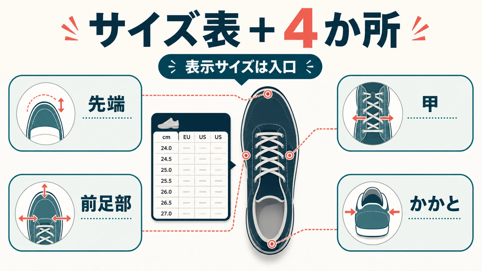 サイズ表に加えて先端・前足部・甲・かかとの4か所を確認する図