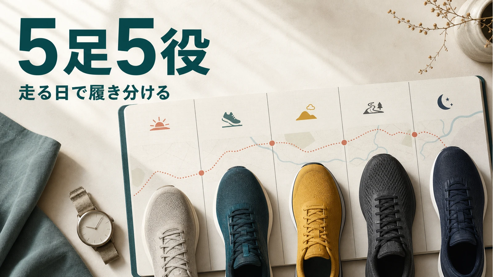 5足5役、走る日で履き分けるという見出しと、ランニング計画ノートに並ぶ5足の無地シューズ