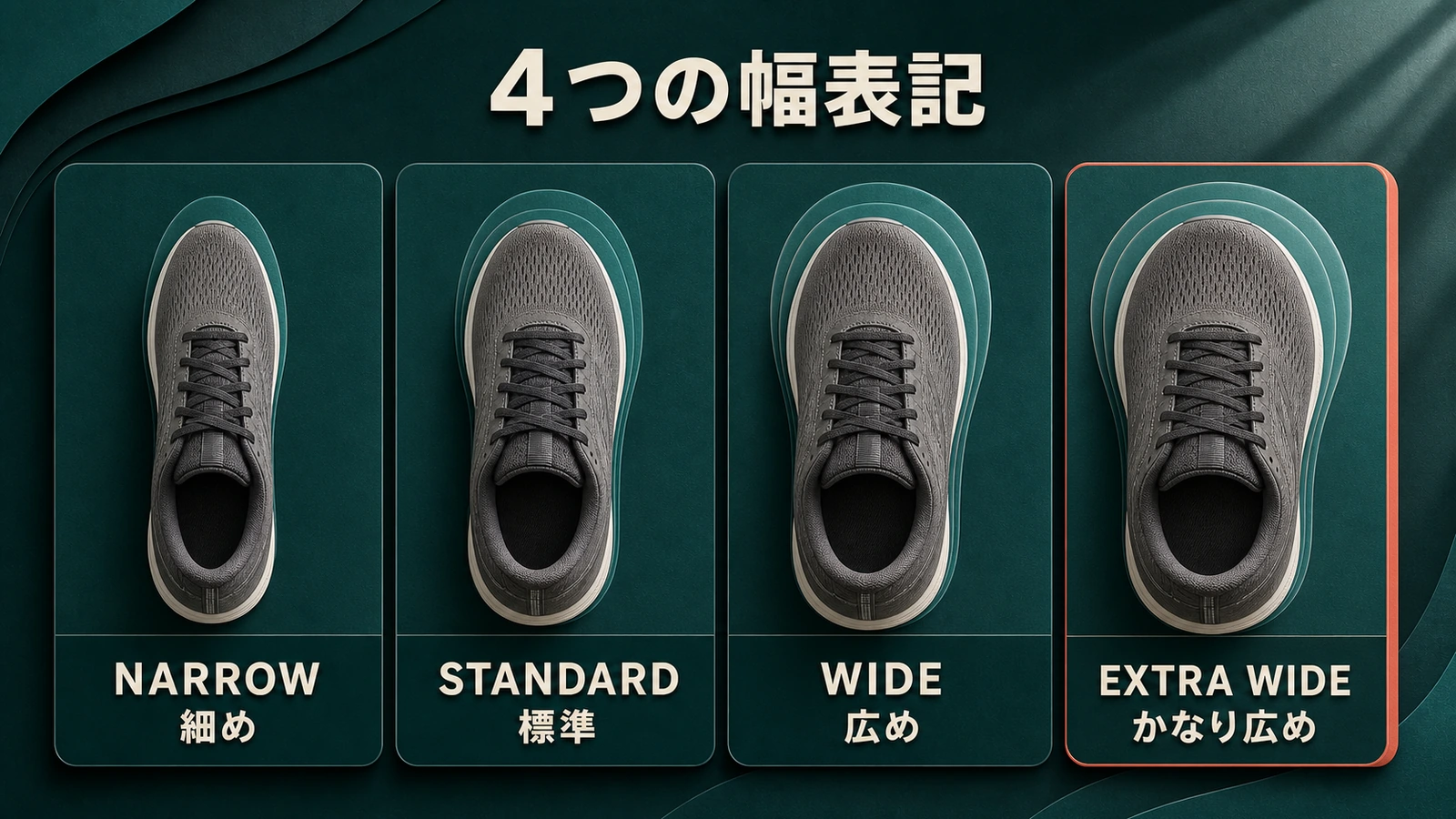 NARROWからEXTRA WIDEまで4つの幅表記を並べた早見図