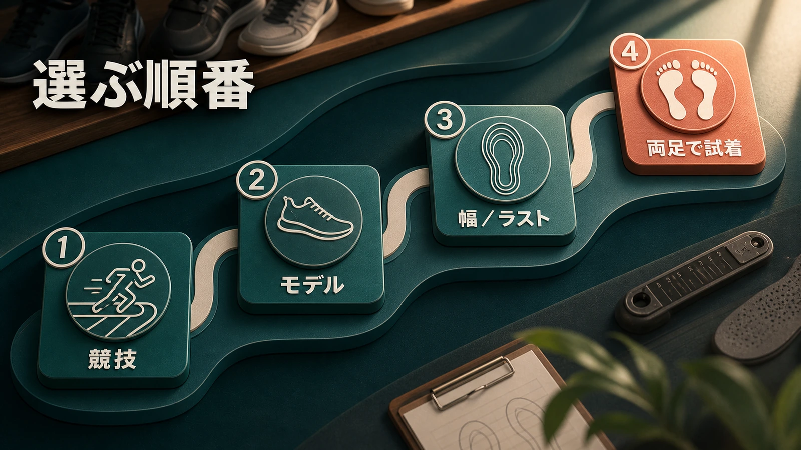 競技、モデル、幅とラスト、両足での試着という選択順を示す図