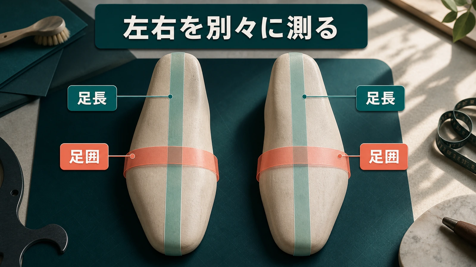 左右の足について足長と足囲を別々に測る位置を示す概念図