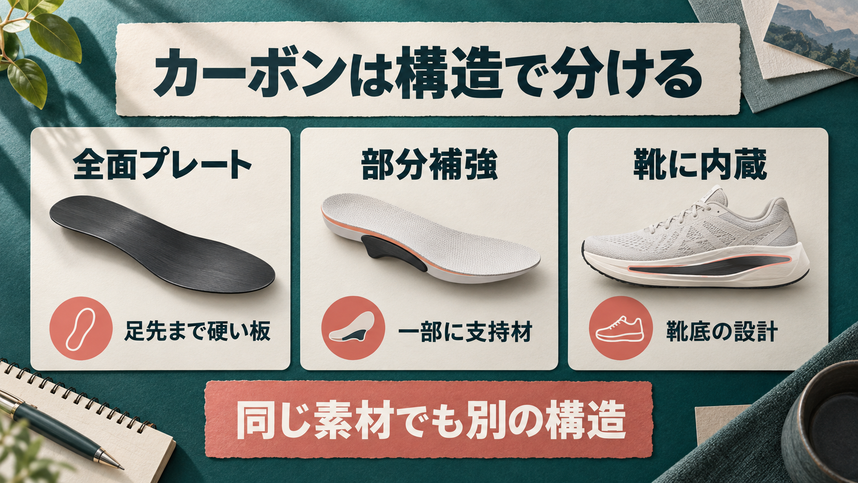 全面プレート、部分補強、靴内蔵を並べた構造の概念図