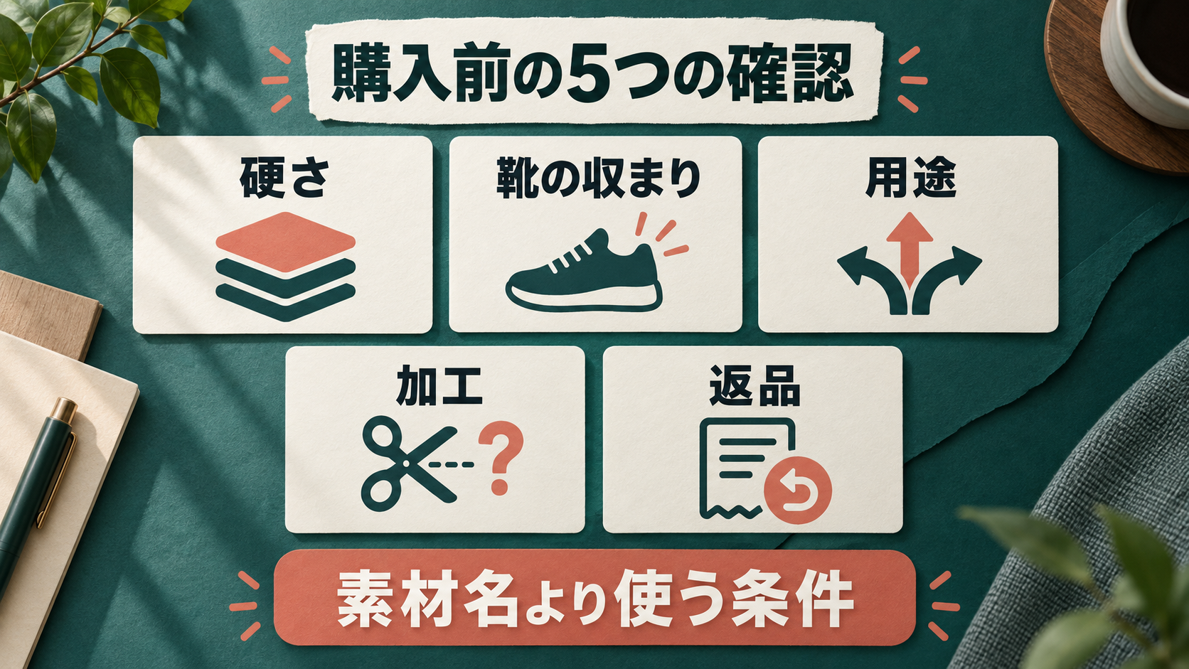 硬さ、靴の収まり、用途、加工、返品の5項目