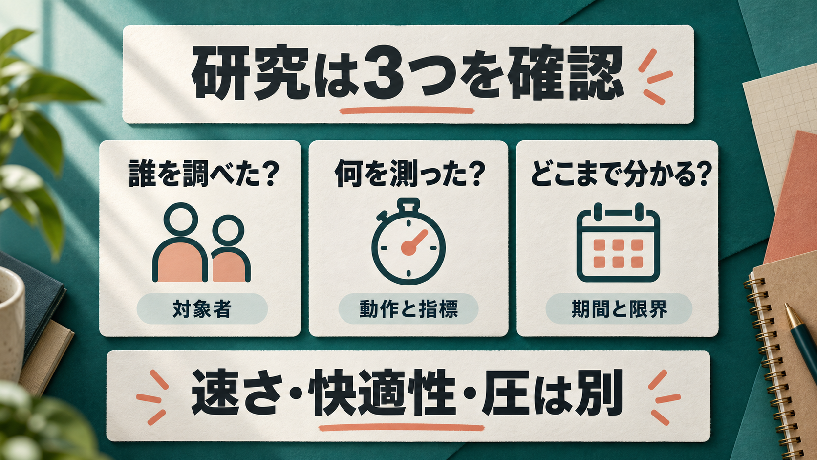 研究の対象者、動作と指標、期間と限界を確認する3項目