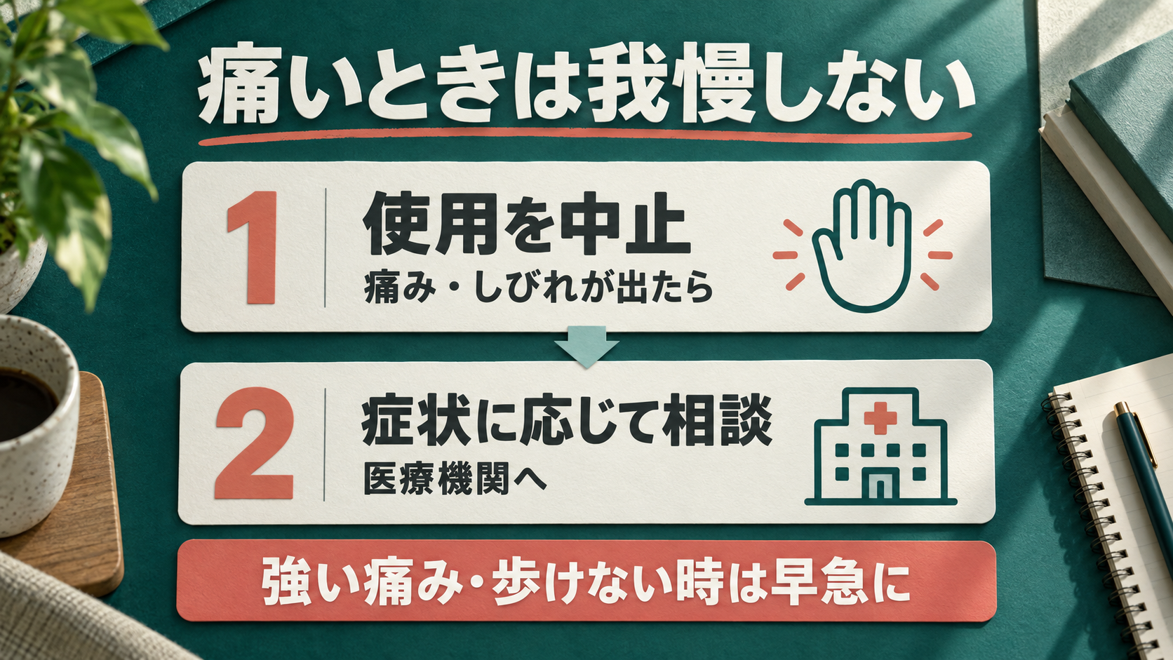 使用中止と医療機関への相談を示す判断図