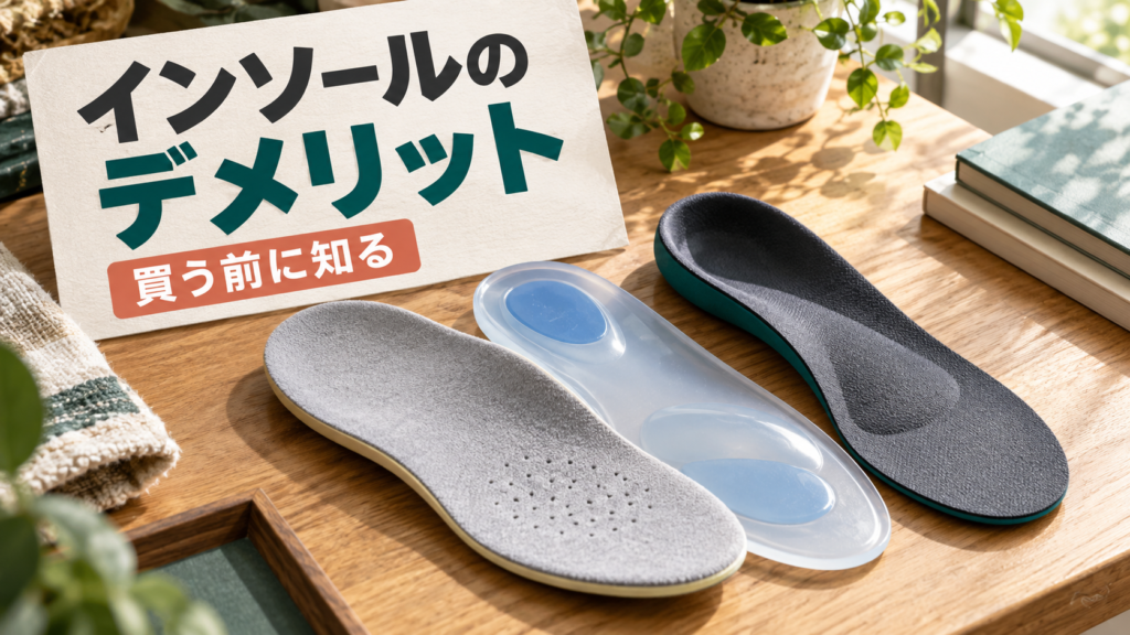 木の作業台に並べたロゴのない数種類の中敷きと、インソールのデメリットを買う前に知ることを示す見出し