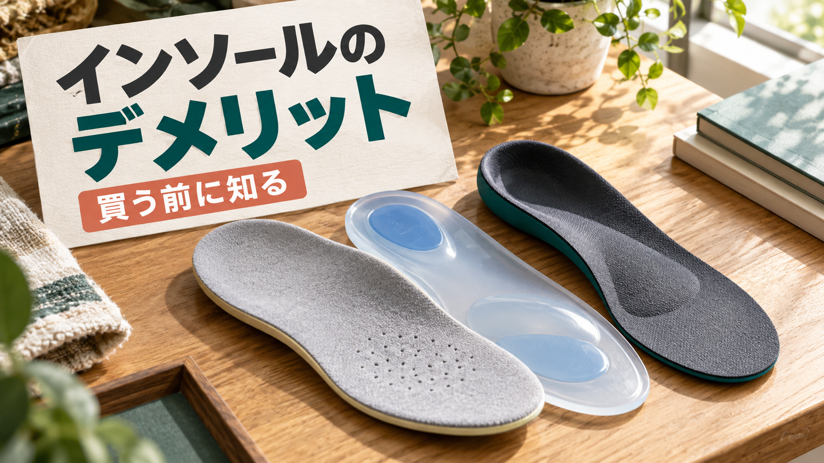 木の作業台に並べたロゴのない数種類の中敷きと、インソールのデメリットを買う前に知ることを示す見出し
