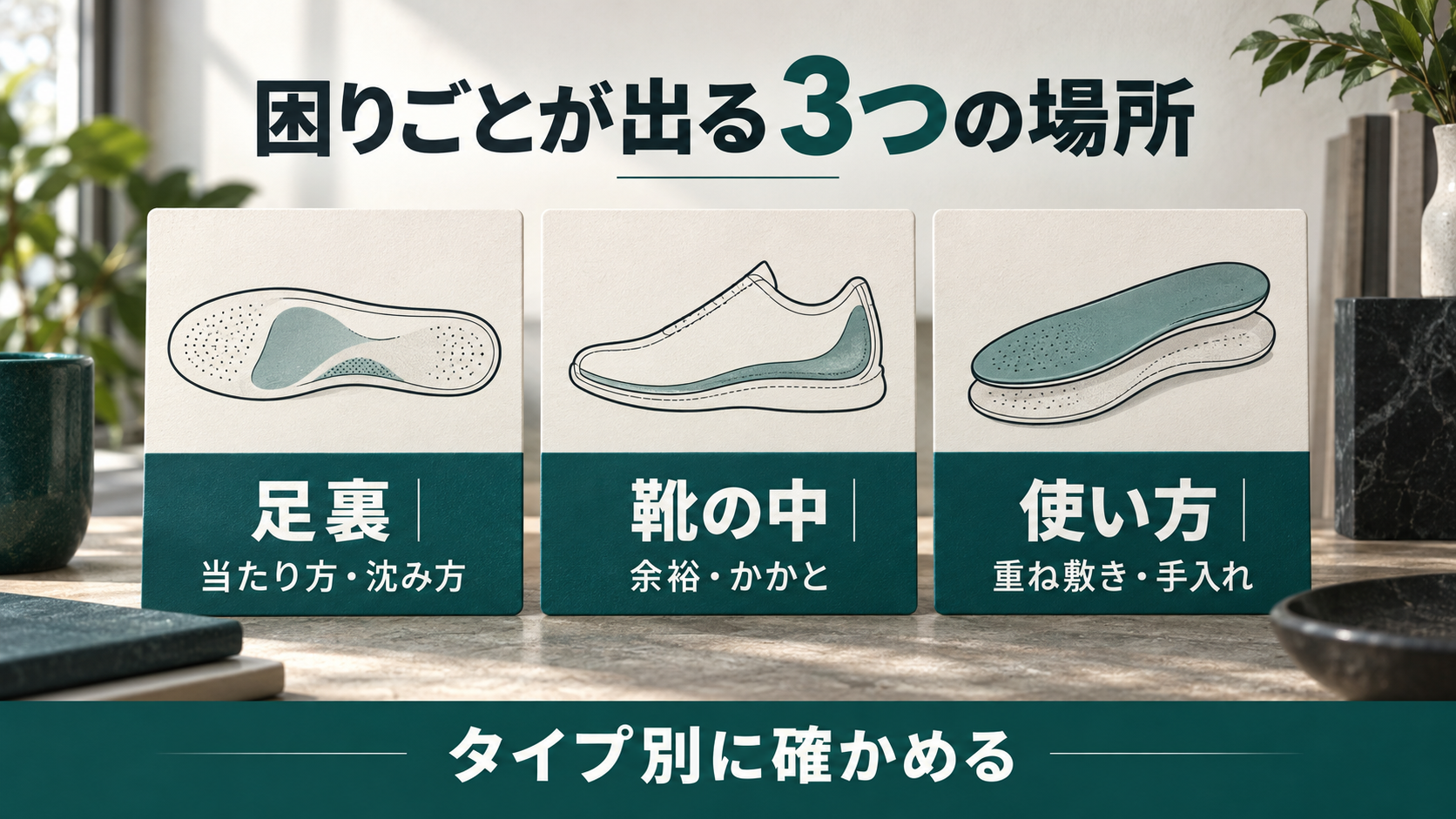 インソールの困りごとが出やすい足裏、靴の中、使い方の3つの場所を示す図解