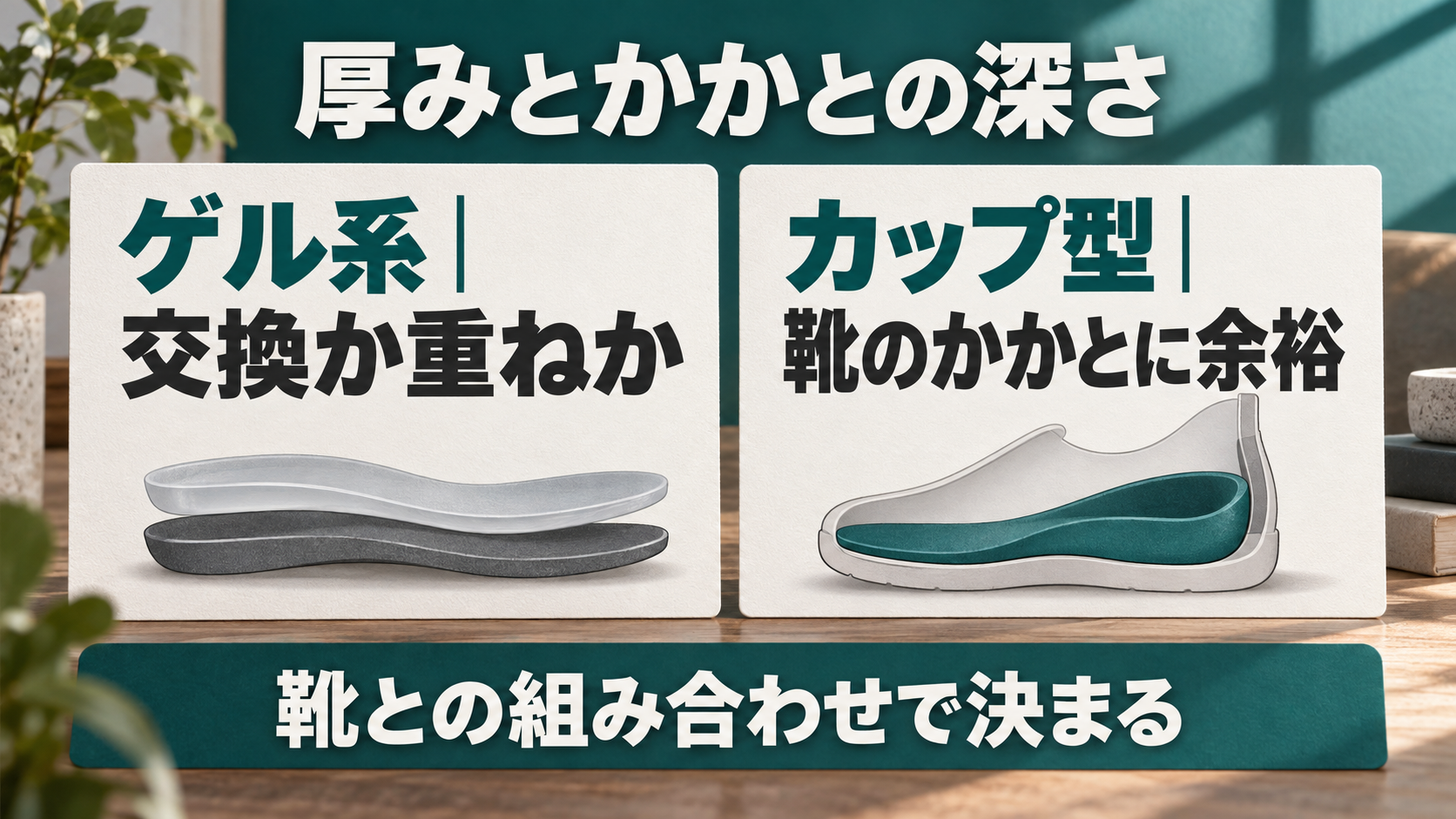 ゲル系は入れ替えか重ねるか、カップ型は靴のかかとに余裕があるかを確かめることを示す図解
