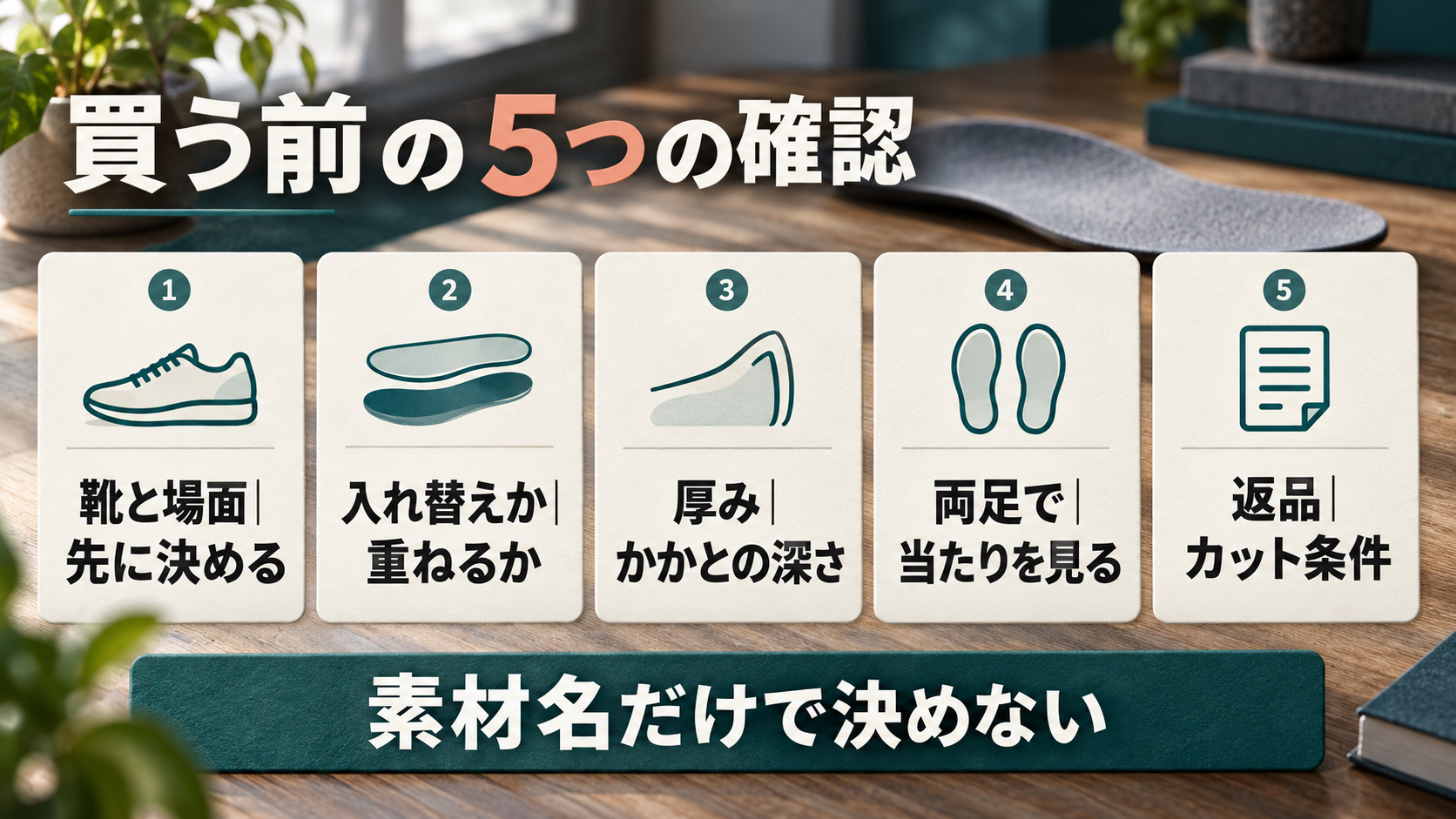 使う靴と場面、入れ替えか重ねるか、厚みとかかとの深さ、両足での当たり、返品とカット条件の5項目を順に確かめる図解
