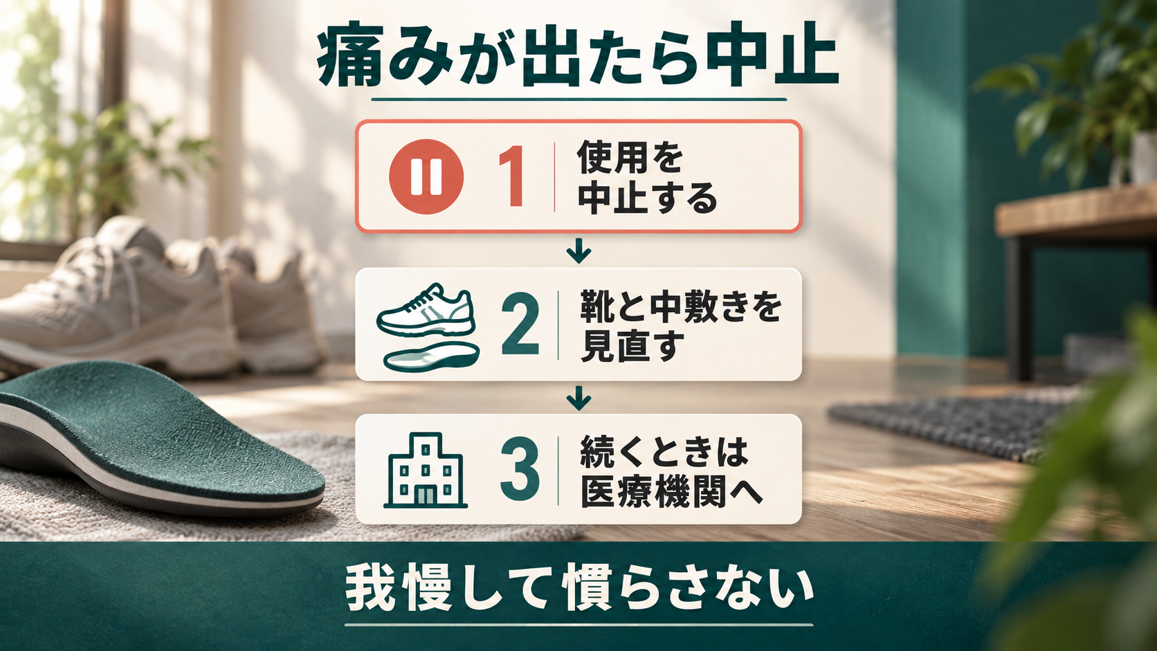 痛みが出たら使用を中止し、靴と中敷きを見直し、続くときは医療機関へ相談する順番を示す図解