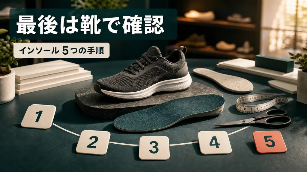 靴と2枚の中敷きを使ってインソール選びの5手順を示すアイキャッチ