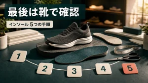 靴と2枚の中敷きを使ってインソール選びの5手順を示すアイキャッチ