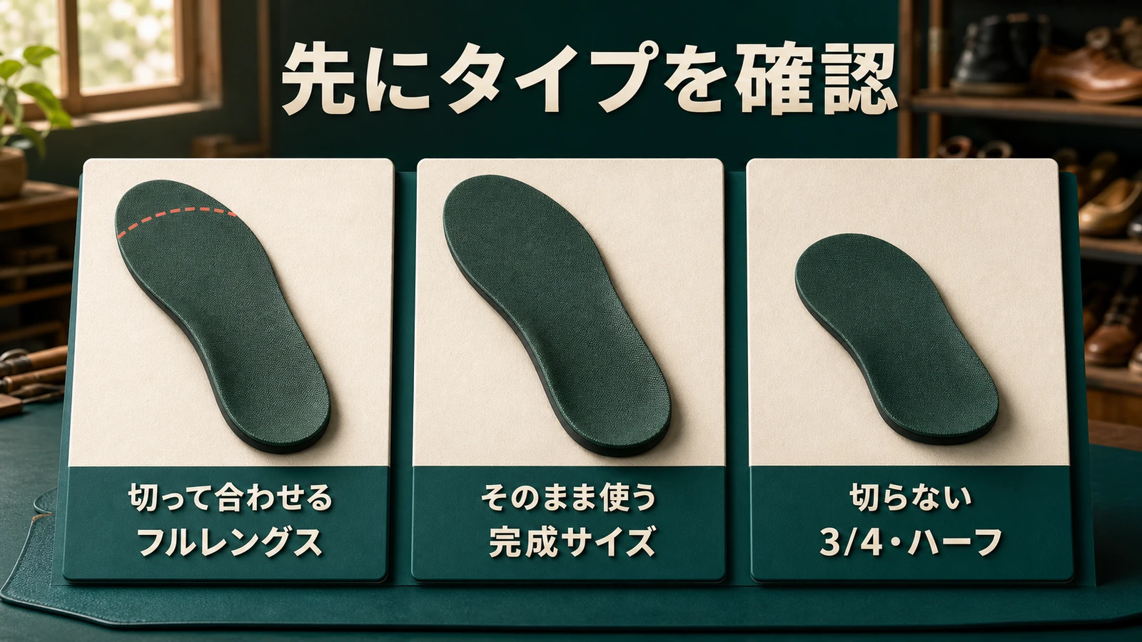 切って合わせる、完成サイズ、3/4・ハーフの3タイプを並べた早見図