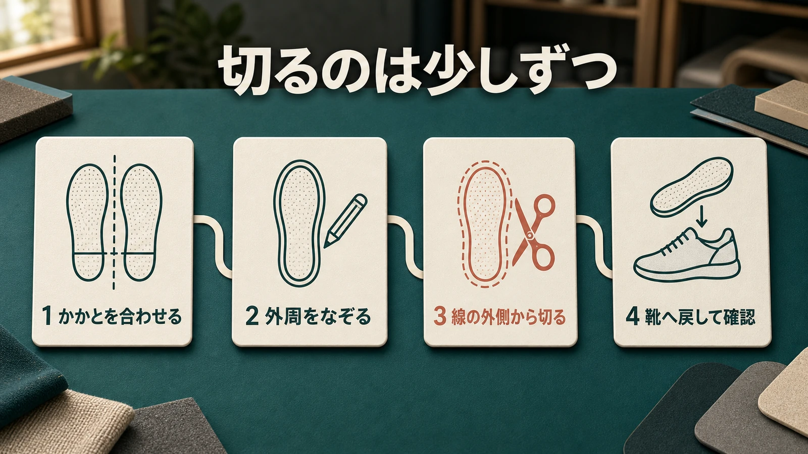 既存中敷きを型にしてインソールを少しずつ切る4手順の図