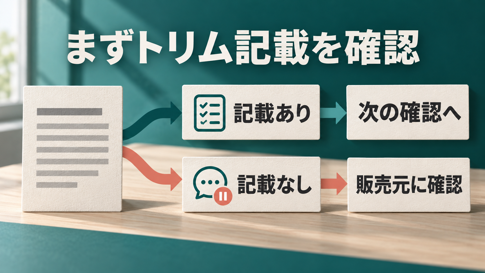 トリムの記載があれば次の確認へ進み、記載がなければ販売元に確認する分岐の図解