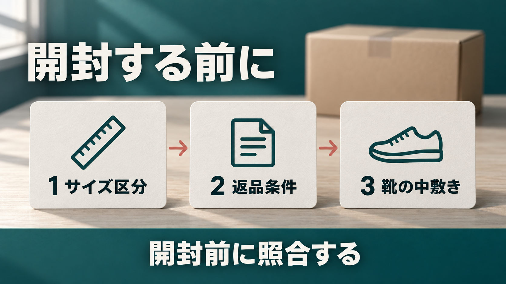 サイズ区分、返品条件、靴の中敷きの3つを開封前に順番に確認する図解
