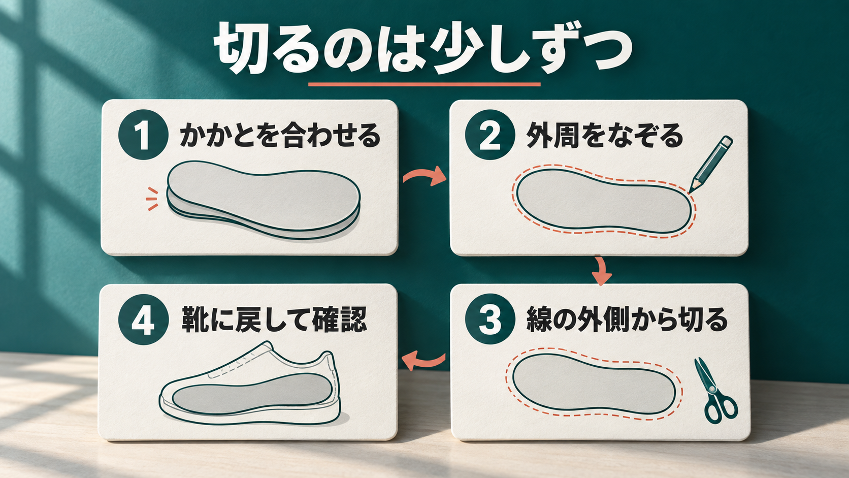 かかとを合わせる、外周をなぞる、線の外側から切る、靴に戻して確認する4工程の図解