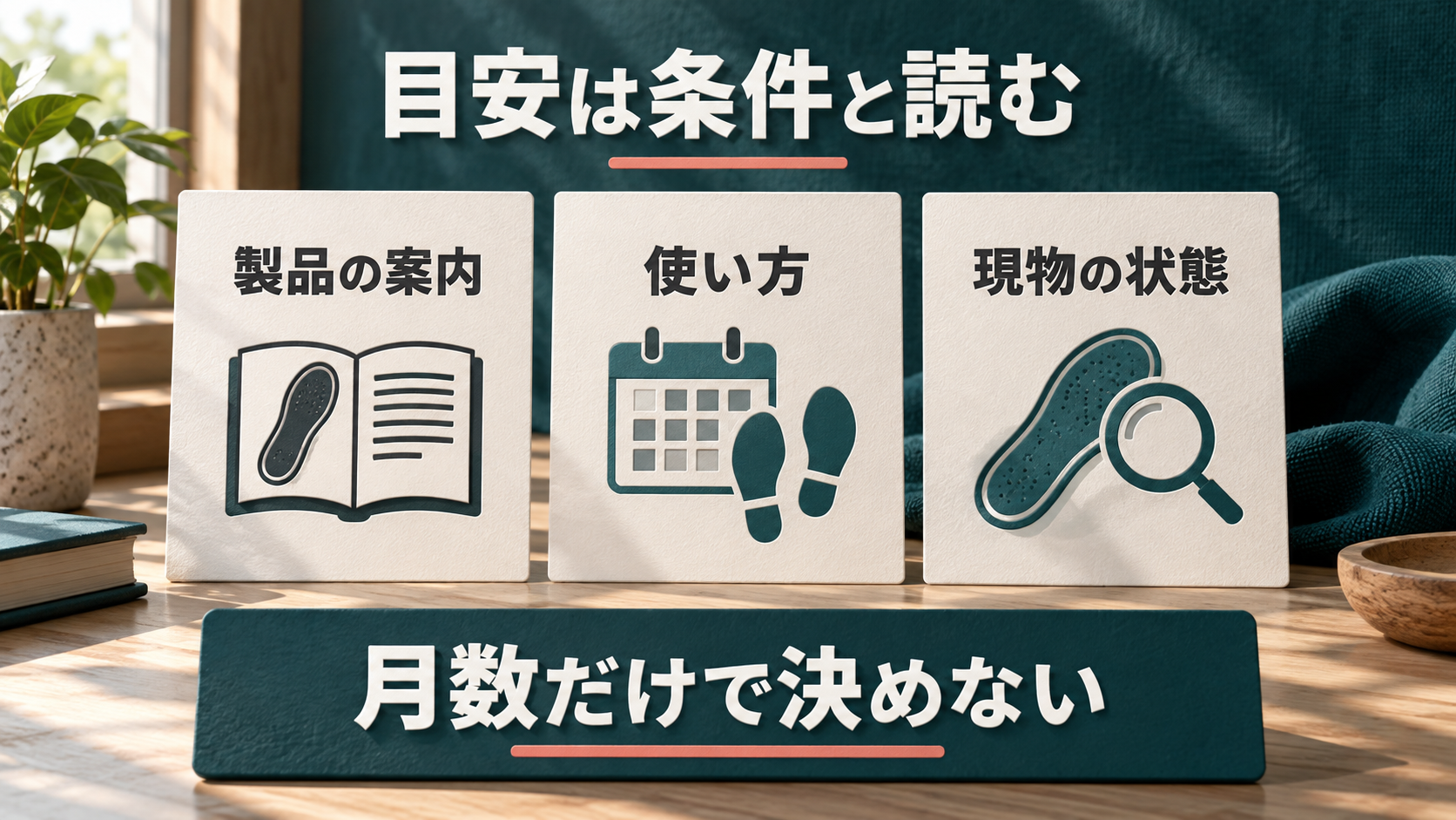 製品の案内、使用条件、現物の状態を組み合わせて目安を読む図解。