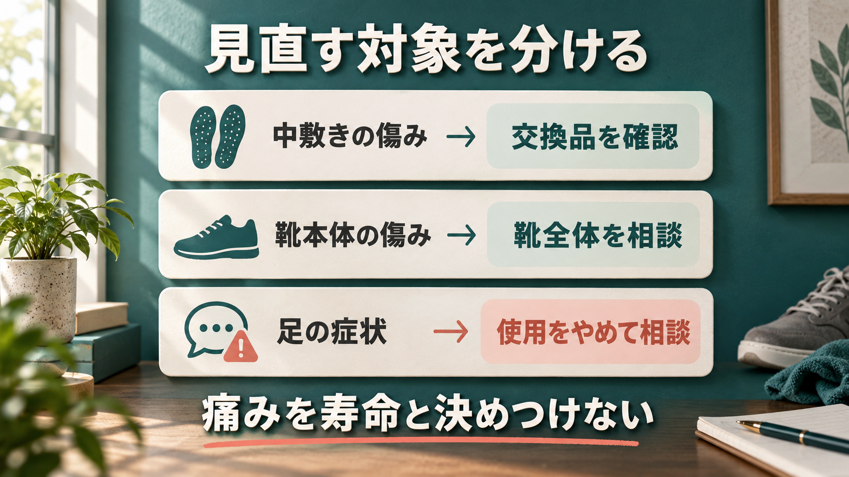 中敷きの傷み、靴本体の傷み、足の症状を別々の相談先へ整理する図解。