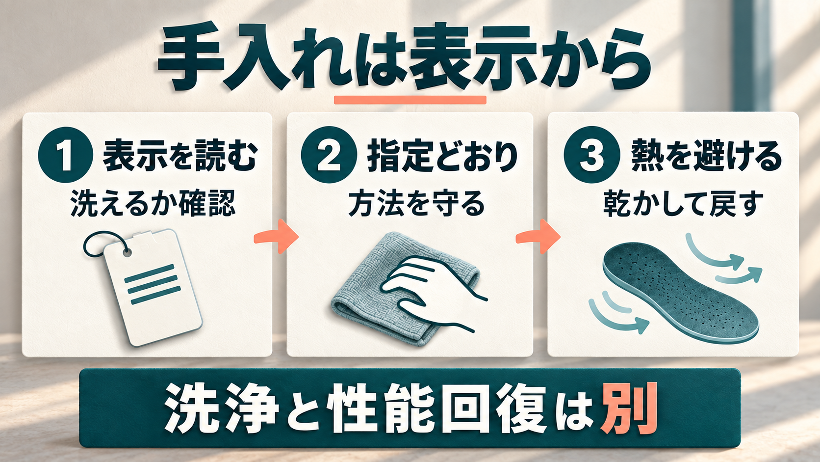 製品表示の確認、指定された洗浄、熱を避けた乾燥の順序を示す図解。