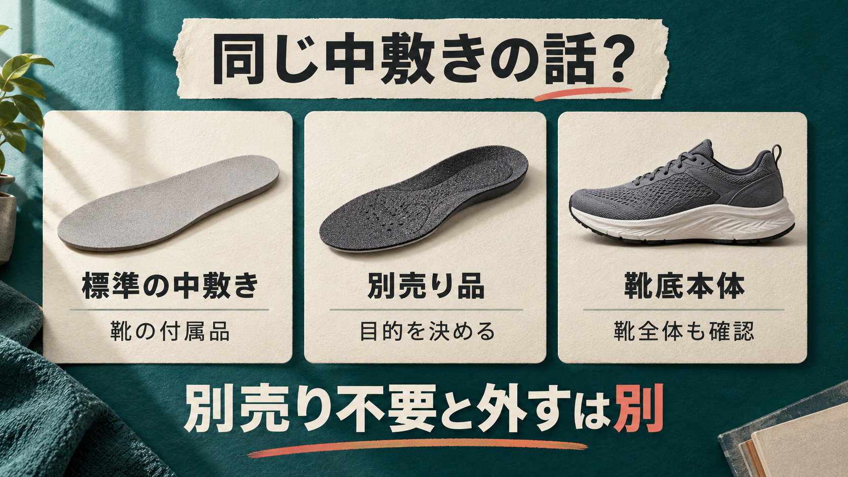 標準の中敷き、別売り品、靴底本体の違いを整理する図