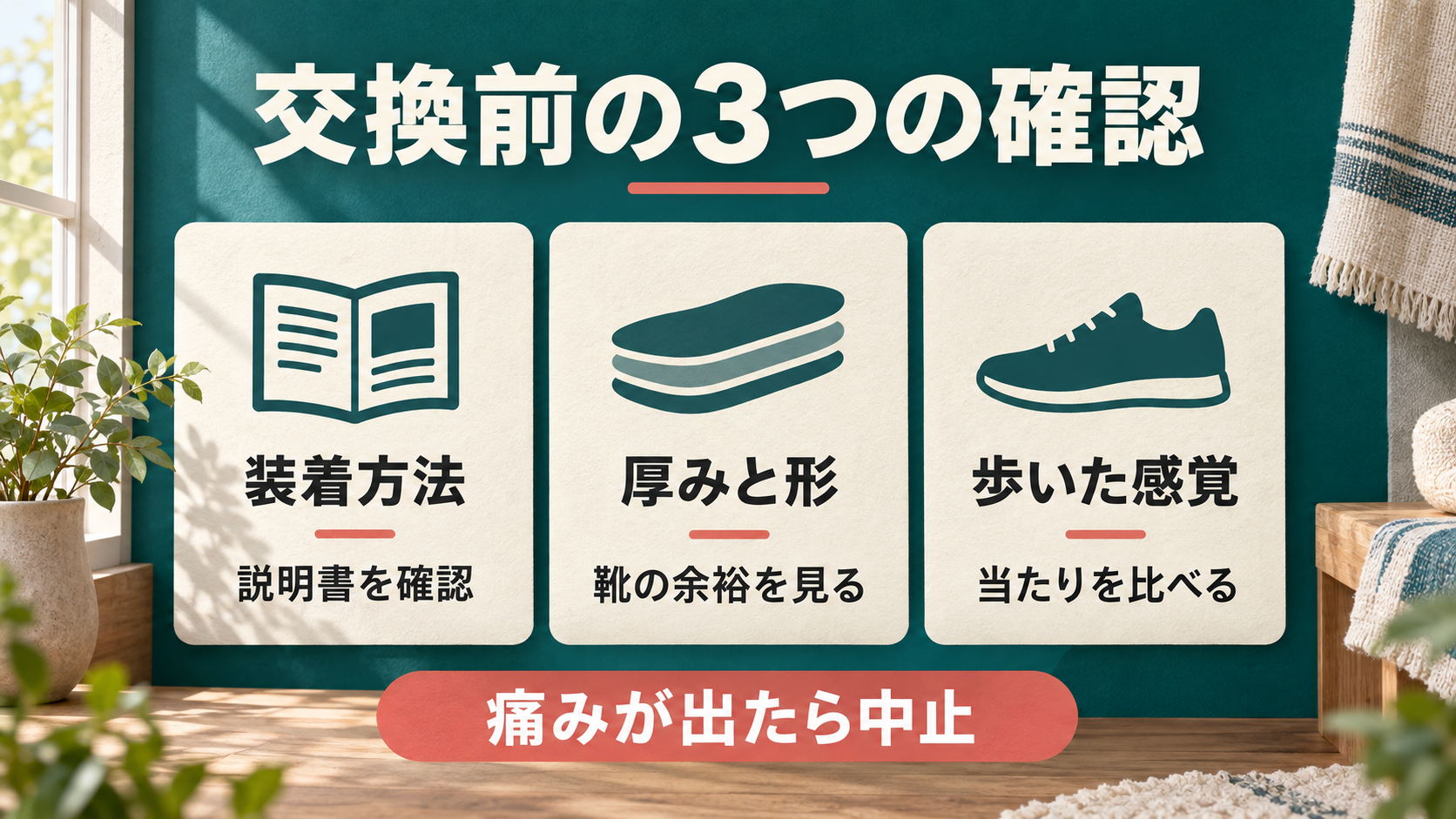 装着方法、厚みと形、歩いた感覚を確認する図